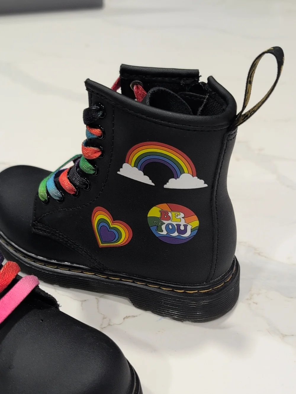 Dr. Martens Black Leather Boots with Multicolor Laces